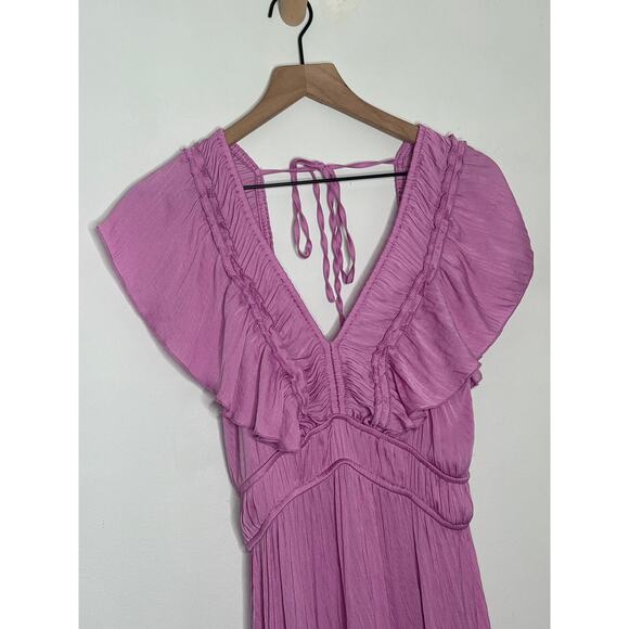 Joie Satin Midi Dress Purple Smocked Ruffle V Neck Womens Medium - Picture 2 of 8